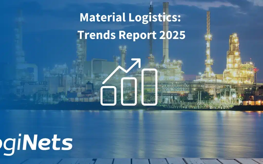 Material Logistics: Trends Report 2025 -text over a blue-shade factory landscape. Company logo in the lower left corner.